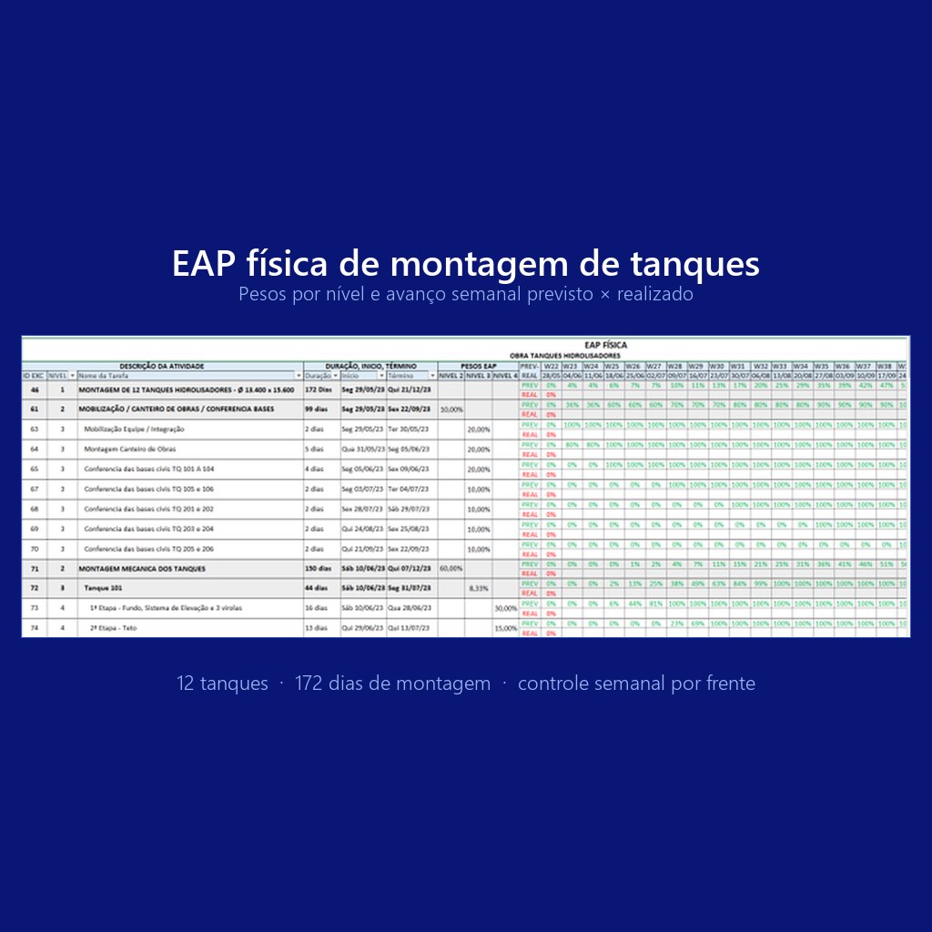 EAP física de montagem de tanques: pesos por nível e avanço semanal previsto versus realizado, 12 tanques em 172 dias
